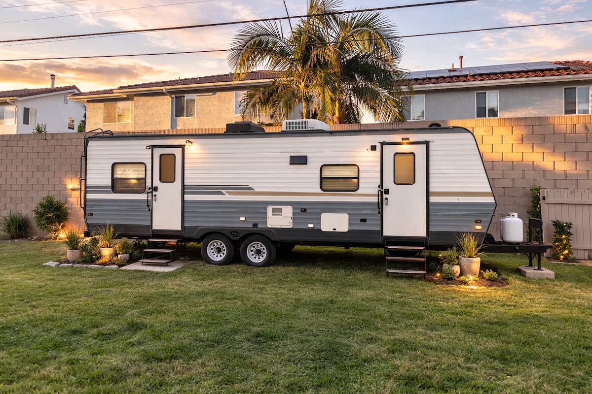 Travel trailer parked at sunset on the property